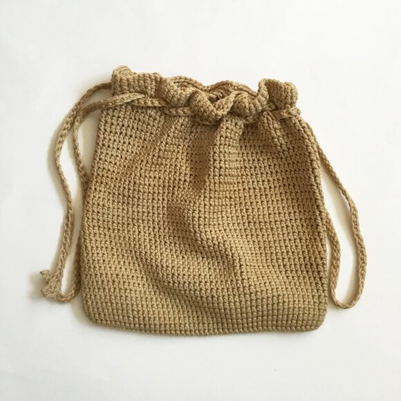 Handmade Crochet Knitted Beige Drawstring Square Bag Purse - Picture 1 of 3